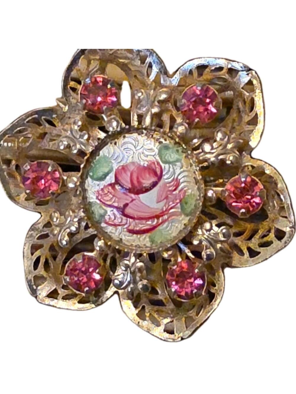 Vintage Gold Tone Pink Rose Guilloche Enamel Pink Rhinestone Brooch Pin 1.5in